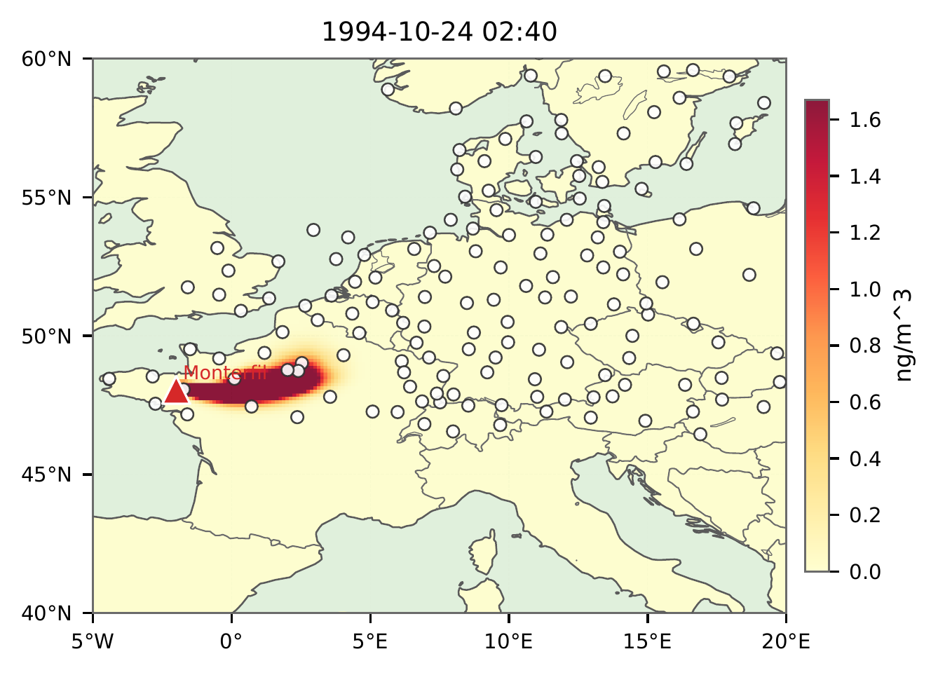 ETEX-1 ground-level PMCH near the source (1994-10-24 02:40 UTC)