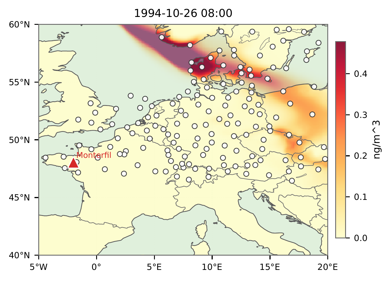 ETEX-1 ground-level PMCH over central and northern Europe (1994-10-26 08:00 UTC)